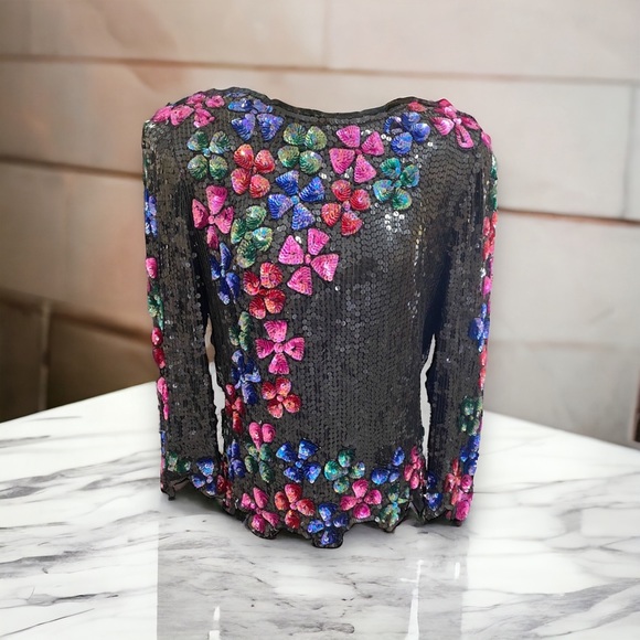 Vintage 100% silk sequined top Sz M 70s 80s 90s Black Floral - Picture 2 of 16